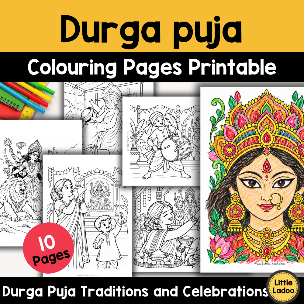 Durga Puja Coloring Pages for Kids – Festival Printables