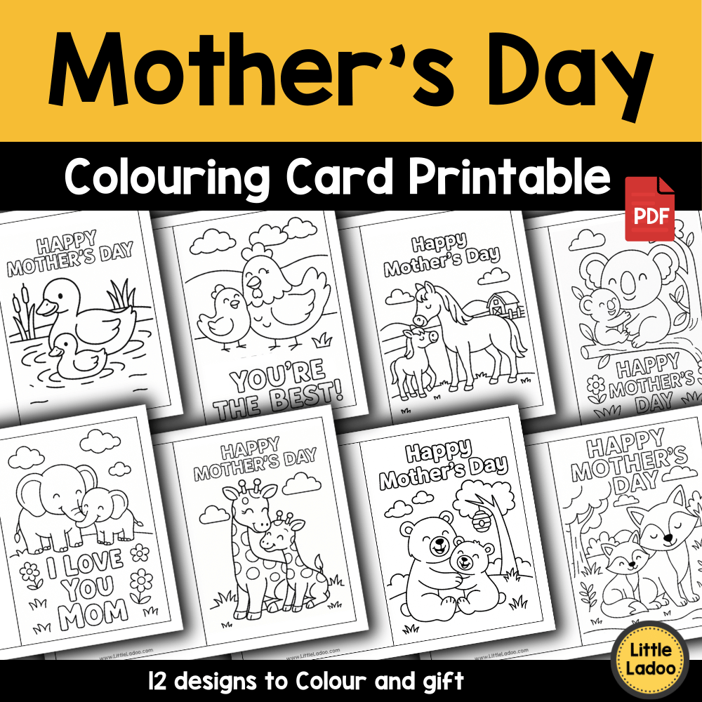 Mother’s Day Cards to Colour – 12 Cute Mom & Baby Animal Printables
