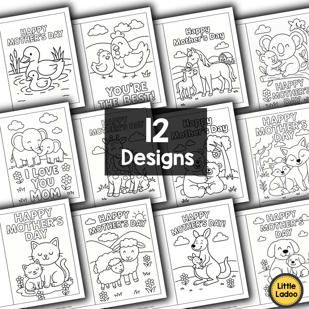 Mother’s Day Cards to Colour – 12 Cute Mom & Baby Animal Printables