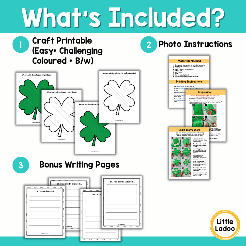 Shamrock craft printable, including photo instructions, and bonus writing pages with a focus on St. Patrick's Day theme.