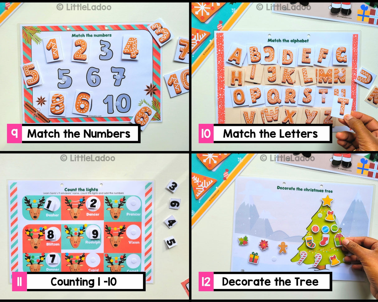 Christmas busy book - Letter matching, number matching, counting and X mas tree decoration - Fun interactive games