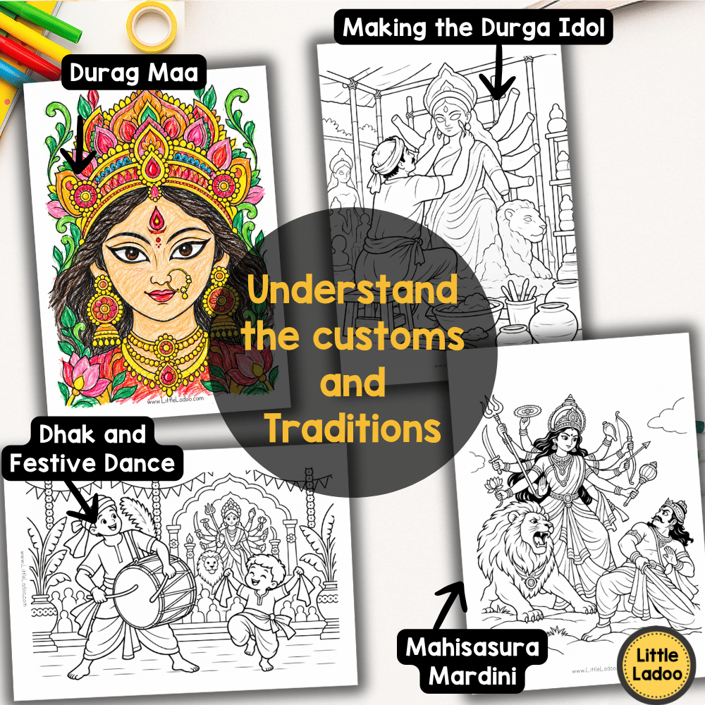 Durga Puja Coloring Pages for Kids – Festival Printables