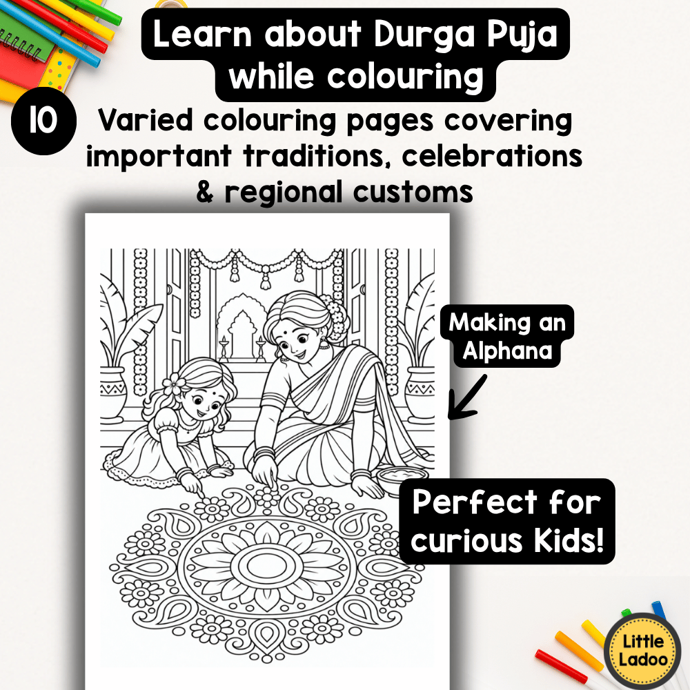 Durga Puja Coloring Pages for Kids – Festival Printables