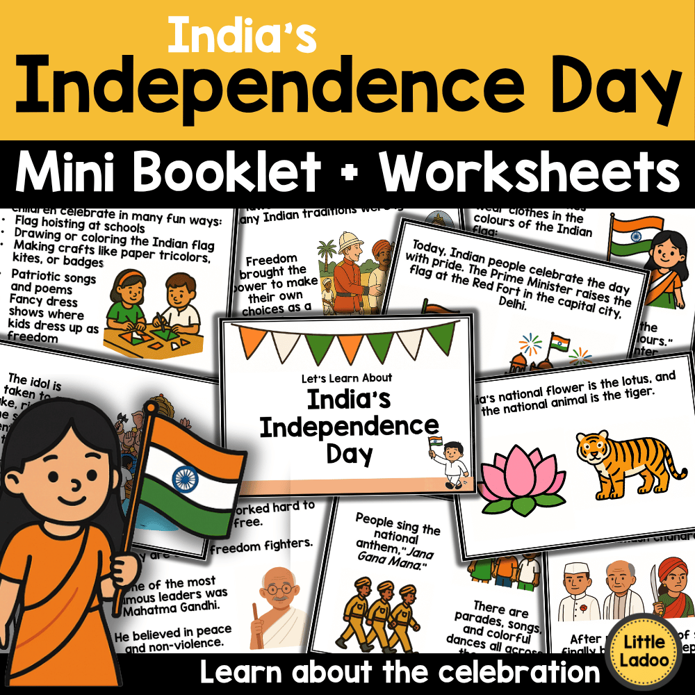 Indian Independence Day Mini Booklet + Worksheets