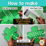 Step-by-step guide on making paper shamrock crafts with text instructions.