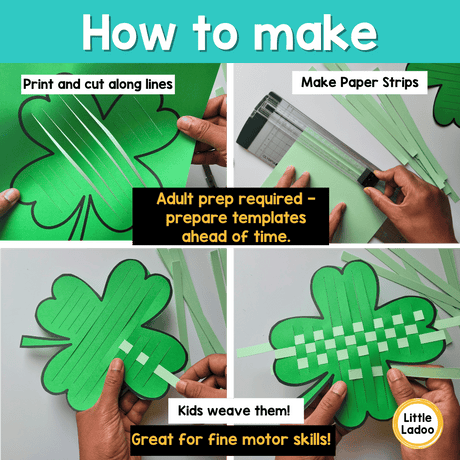 Step-by-step guide on making paper shamrock crafts with text instructions.